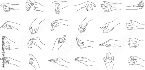 Minimalist hand gesture line art collection featuring various poses including pointing reaching and holding for instructional design and modern graphic interface symbols