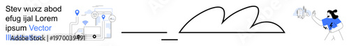 Delivery logistics, cloud computing, data transfer, user notification, digital transformation, remote interaction. Truck with location pins, cloud icon and person with a megaphone. Delivery