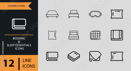 Bedding and sleep essentials line icons set for design projects isolated on white background