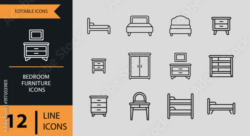 A set of twelve bedroom furniture line icons in black and white