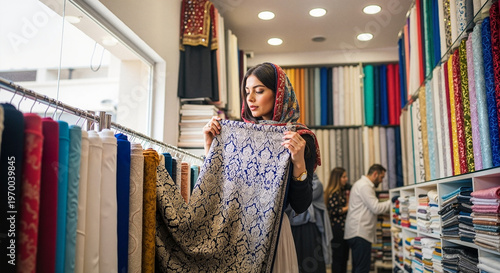 Young Muslim woman choosing fabric in colorful textile shop  