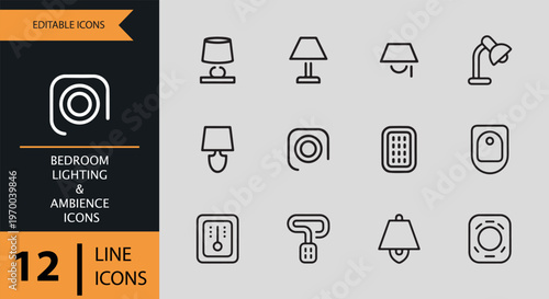 Bedroom lighting and ambience icons in line style for design
