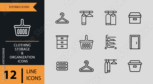 Clothing storage and organization line icons on gray background