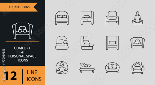 Comfort and personal space line icons set for design projects