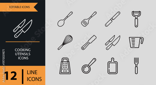 A set of twelve black line icons of kitchen utensils on gray