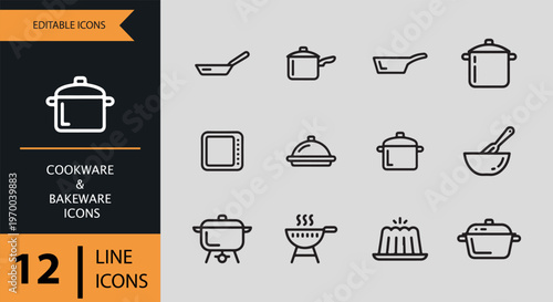 Cookware and bakeware icons in line style on gray background
