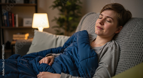 Young woman relaxing on sofa under blanket in cozy living room  