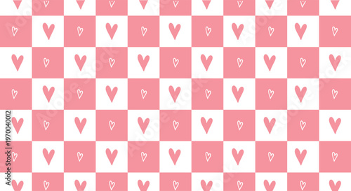 Romantic pink hearts and checkerboard pattern vector illustration creating a sweet adorable design background.