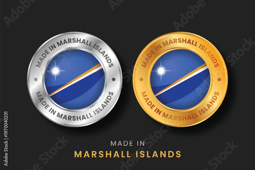 Circular gold and silver labels with the Marshall Islands flag. High-quality "Made in Marshall Islands" emblems for local products, exports, and manufacturing origin