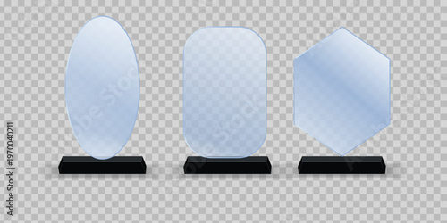 Trophy of glass award. Plexi glass award. Plate of acrylic trophy. Stand of crystal for prize of winner. Mockup of realistic of plexiglass for cup of champion. Acrilic badge for win. Vector.