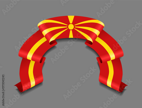 North Macedonian flag circular wavy ribbon, symbolizing national pride, ideal for patriotic badges, certificates, or cultural design themes. Vector illustration.