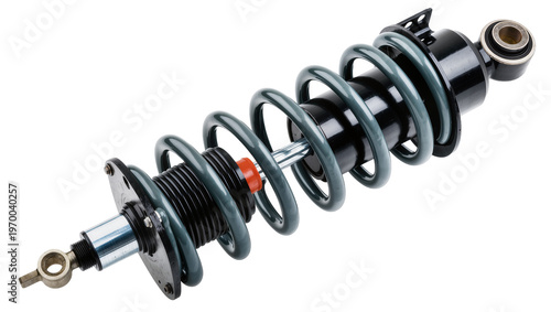 Photos Automotive shock absorber displaying coiled spring metal housing, and rubber bus