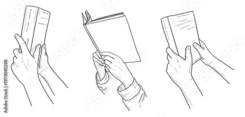 Open and closed books, hand-drawn sketches . Vector illustration. Set of books for libraries, reading, and study, held in palms, isolated on a white background. Not AI.