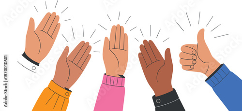 Diverse hands clapping and giving thumbs up vector illustration featuring various skin tones and clothing styles for corporate recognition success and community applause design,