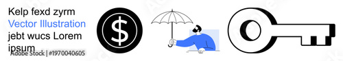 Finance, protection, security, access, money management, safety. Dollar sign and key flanking a person holding an umbrella. Finance and protection with symbolic elements