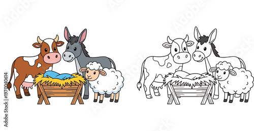 Cartoon Nativity Scene Animals with Cow, Donkey, and Sheep around a Manger - Color and Line Art Vector Illustration for Christmas Coloring Book