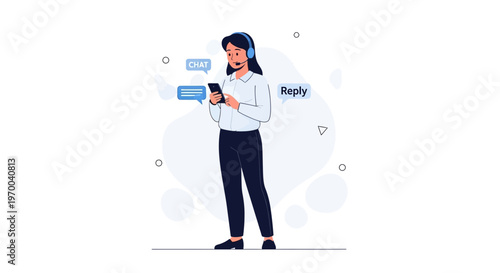 Customer service agent texting on phone with headset, chat and reply bubbles