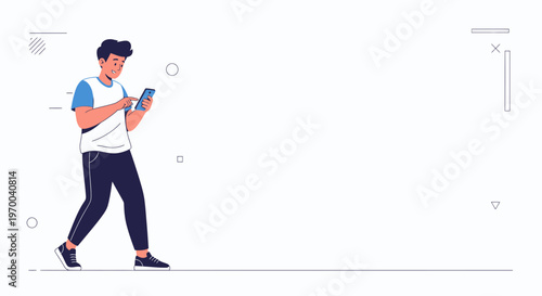 Young man walking while using smartphone, modern flat illustration