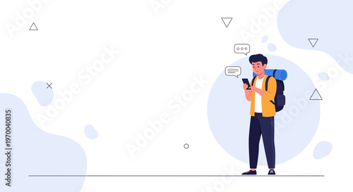 Young man with backpack using smartphone, texting, traveling, communication concept