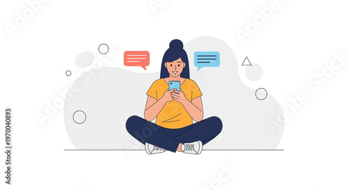Young Woman Sitting Cross-legged Texting on Smartphone with Chat Bubbles