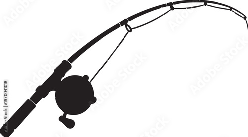 Fishing rod with reel silhouette curved and ready for action on white background symbolizing leisure and outdoor activities