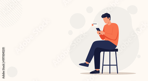Man sitting on stool using smartphone, communication concept, flat illustration