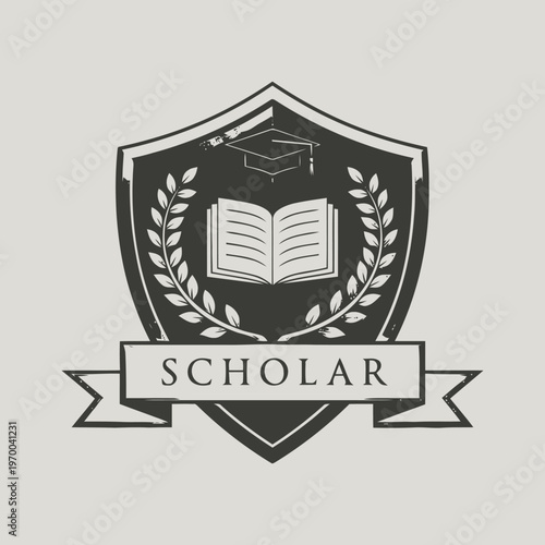 Scholarly emblem featuring a graduation cap and an open book, symbolizing academic achievement and knowledge acquisition, perfect for educational institutions and learning platforms