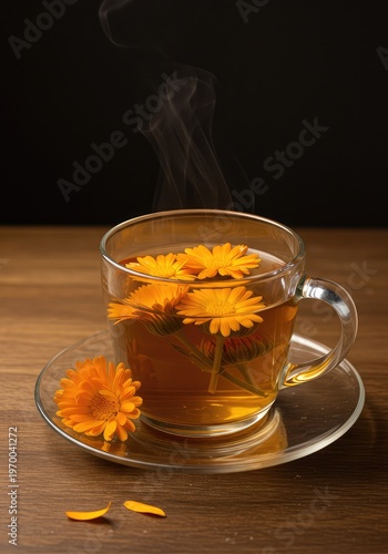 A warm infusion of bright orange calendula blossoms steeping in a clear teacup, highlighting natural herbal wellness and soothing warmth ,relaxation ,tabletop ,antioxidant
