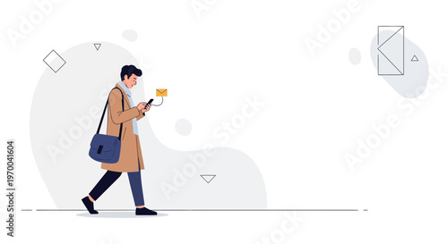 Man walking and using smartphone, modern flat illustration, vector art