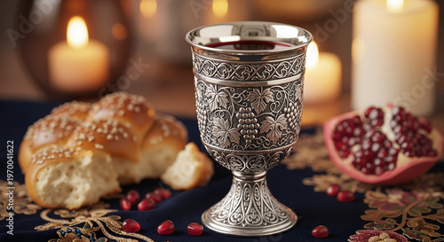 Silver cup with braided bread and pomegranate on decorated table  