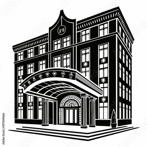 Luxury hotel building silhouette, elegant symmetrical resort architecture with entrance canopy isolated on white