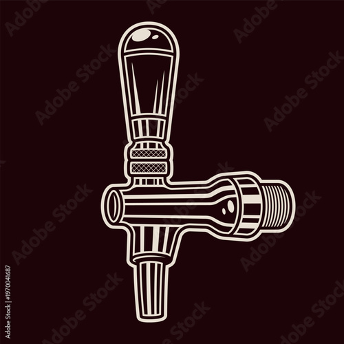 Vintage style beer tap in black monochrome illustration. Draft dispenser vector ideal for pub emblems, bar menus, brewery graphics and alcohol themes