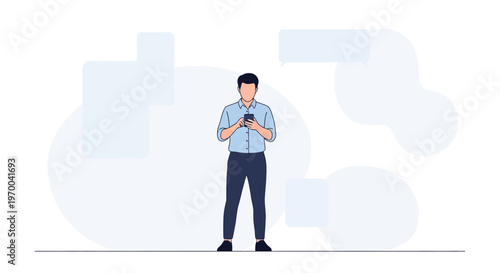 Man texting on smartphone with chat bubbles, communication concept