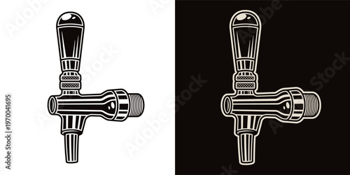 Draft beer faucet vector illustration in two styles.  Perfect for bar equipment design, brewery branding and hospitality graphics