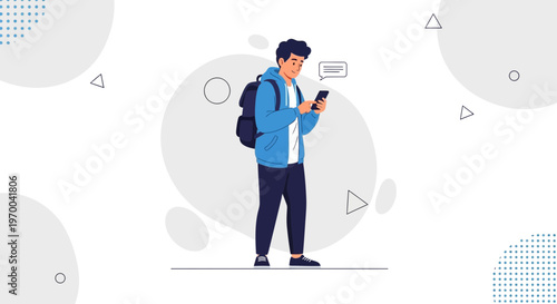 Young man with backpack using mobile phone, modern abstract background