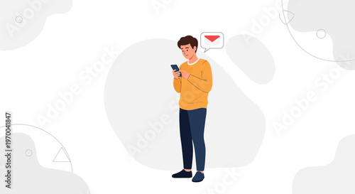 Man Using Smartphone, Receiving Email Notification, Modern Flat Illustration