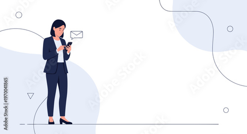 Businesswoman using smartphone, receiving message, modern office background