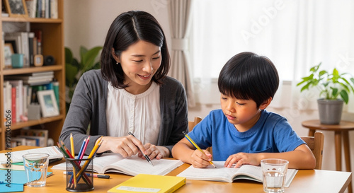 Mother helping young son with homework at home table  