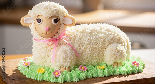 Cute sheep cake decorated with buttercream on wooden table  