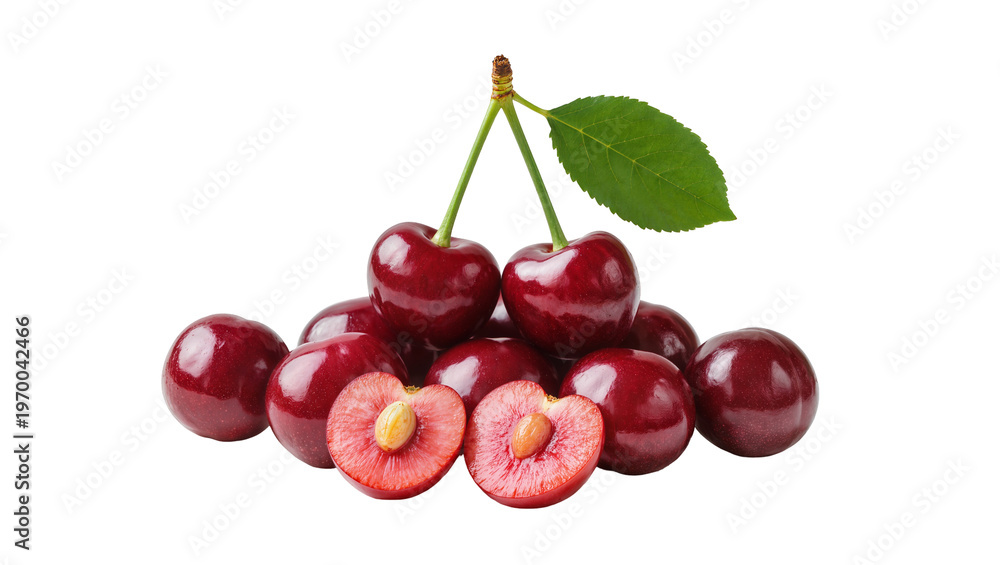 Obraz premium Glossy dark red cherries some halved, displaying juicy flesh and green stem leaf