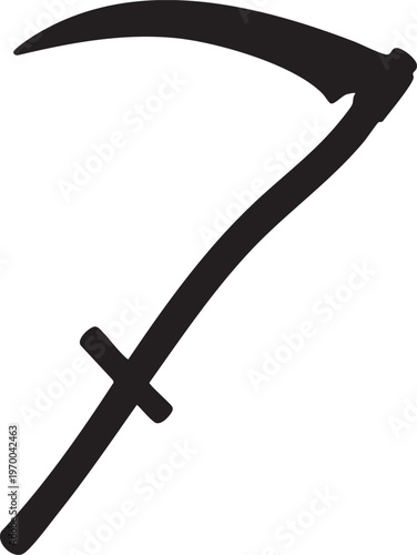 Scythe silhouette with curved blade and handle on white background symbolizing harvest or mortality