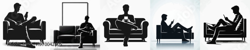 Vector silhouette of person using smartphone on sofa