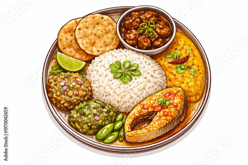 Traditional Bangladeshi Thali with Hilsa Fish and Beef Bhuna Vector