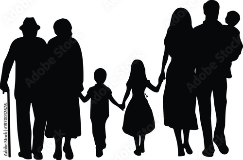 Family generations walking together silhouette, grandparents parents children unity love care support relationship concept illustration