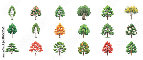 Tree icons collection featuring oak maple pine palm willow and evergreen forest plants decorative botanical outline line editable stroke nature set.