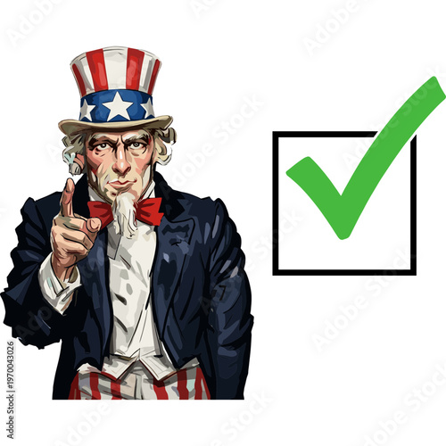 Uncle Sam points to a green checkmark in a box.
