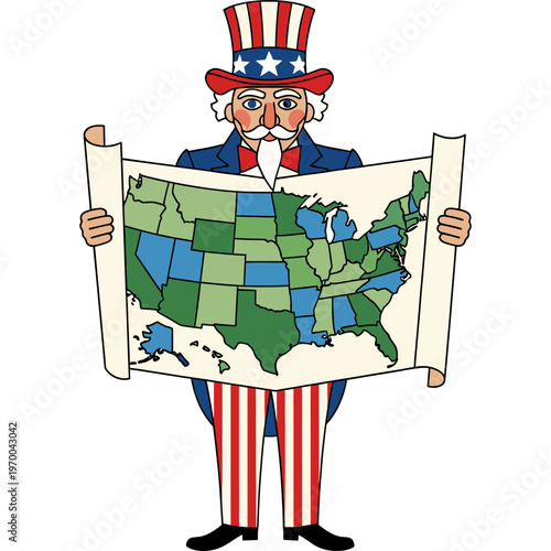 A cartoon character dressed as Uncle Sam holds up a large map of the United States.