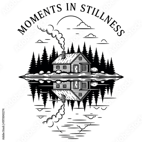 Cabin reflected on lake with forest and sky - moments in stillness