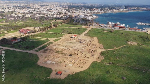 Aerial drone view of Paphos Archaeological Park ancient ruins and excavation site in Paphos, showcasing historical heritage