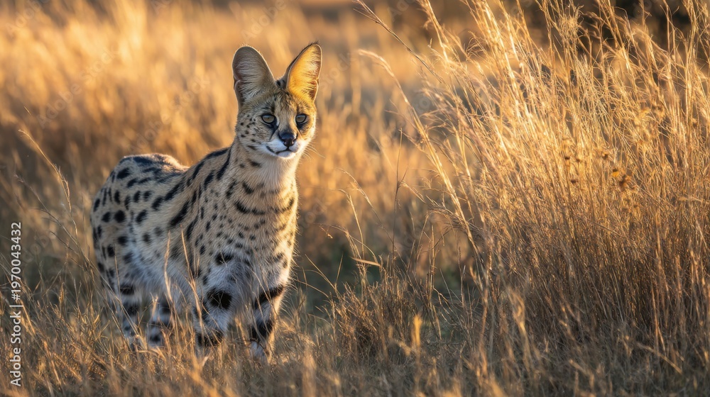 Fototapeta premium Serval cat in African savanna grassland